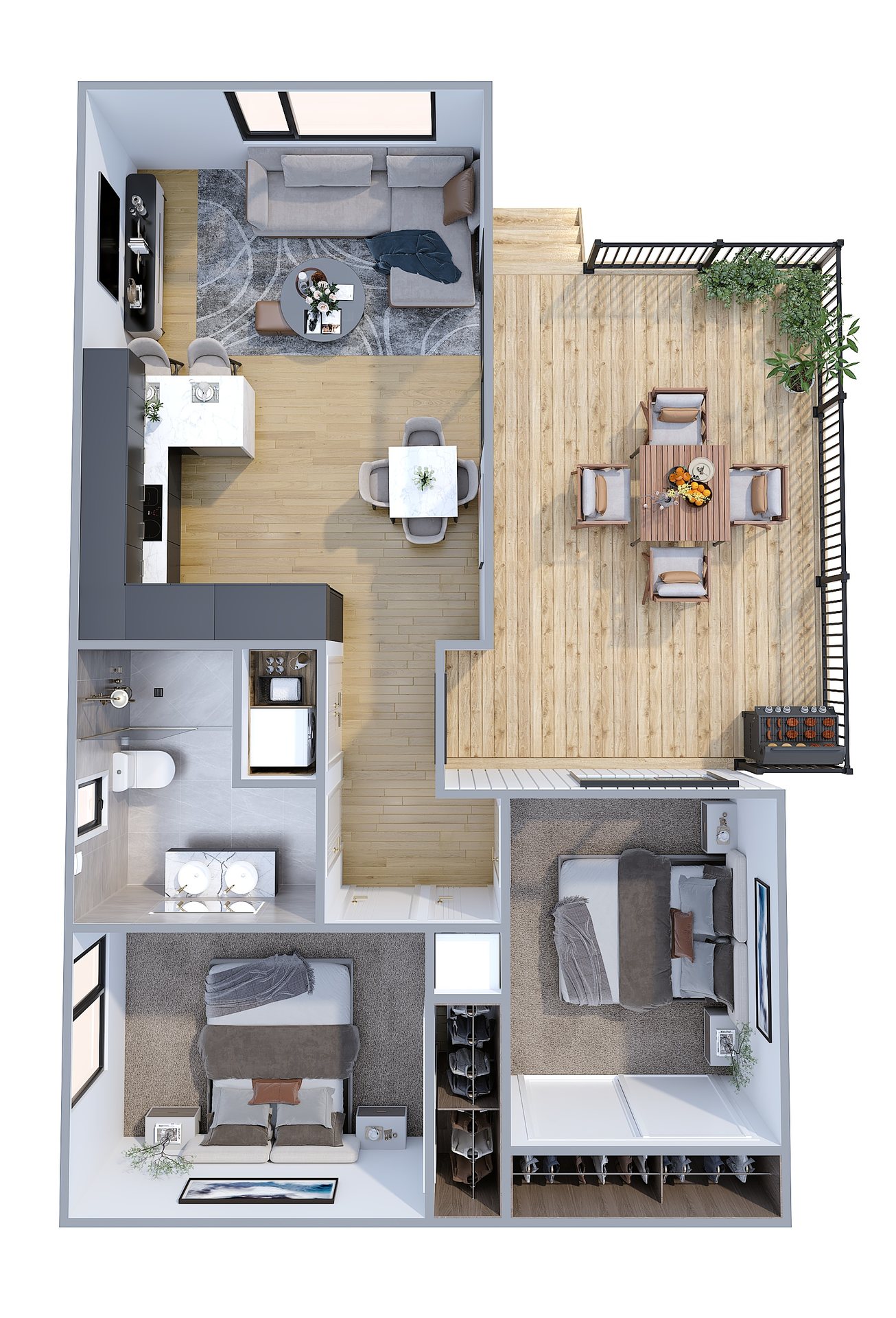 Mahia Five 3D floor plan — two bedrooms, bathroom, open-plan kitchen and living, and private deck