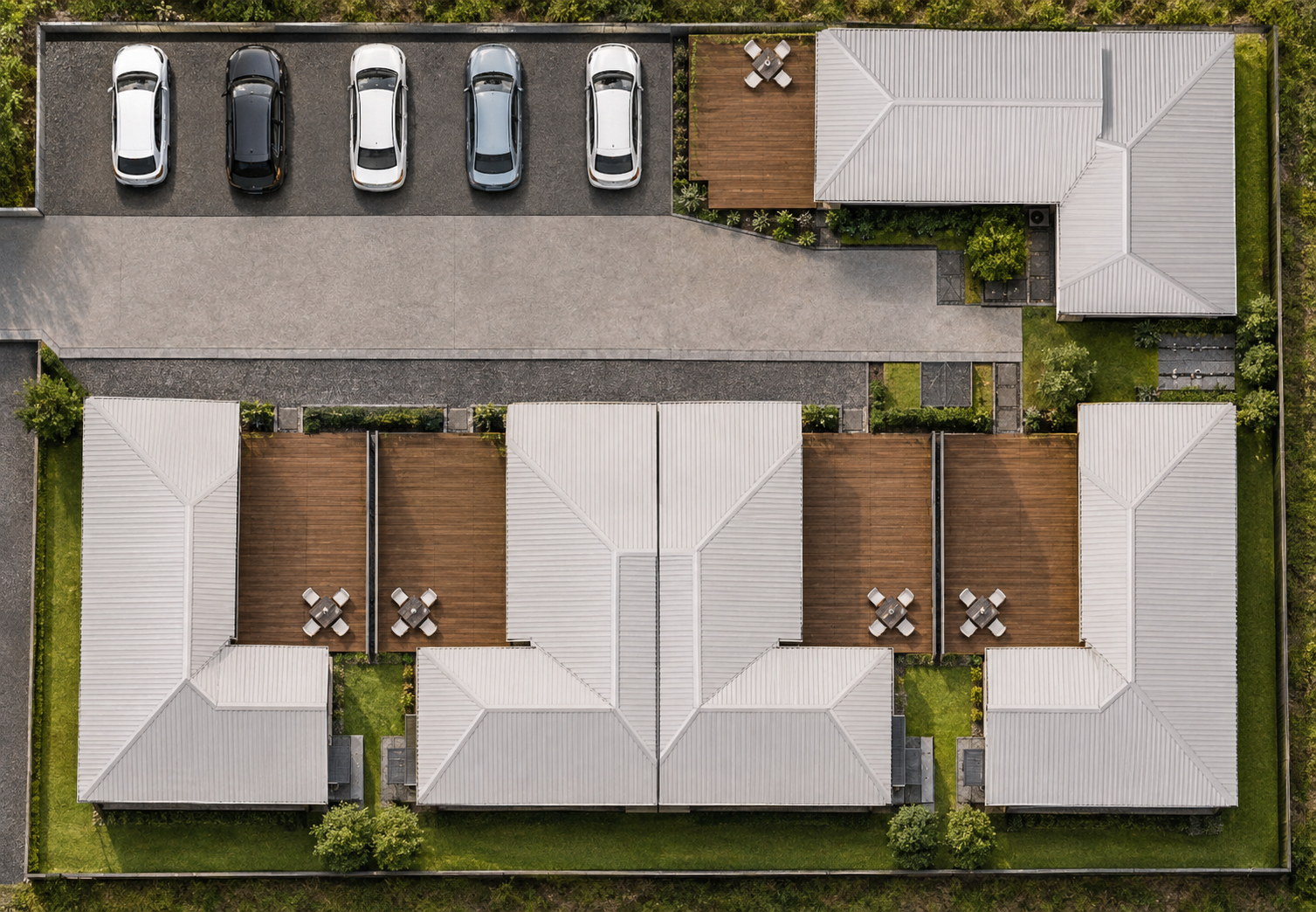 Aerial site plan of the five freehold homes at 96 Mahia Road